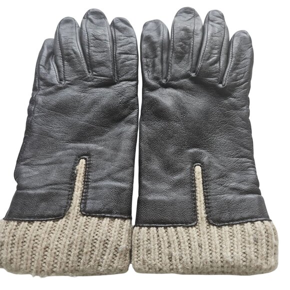 Danier Brown Leather Gloves With Knit Cuff Genuine Leather Polyester Lining Wint - Picture 1 of 7